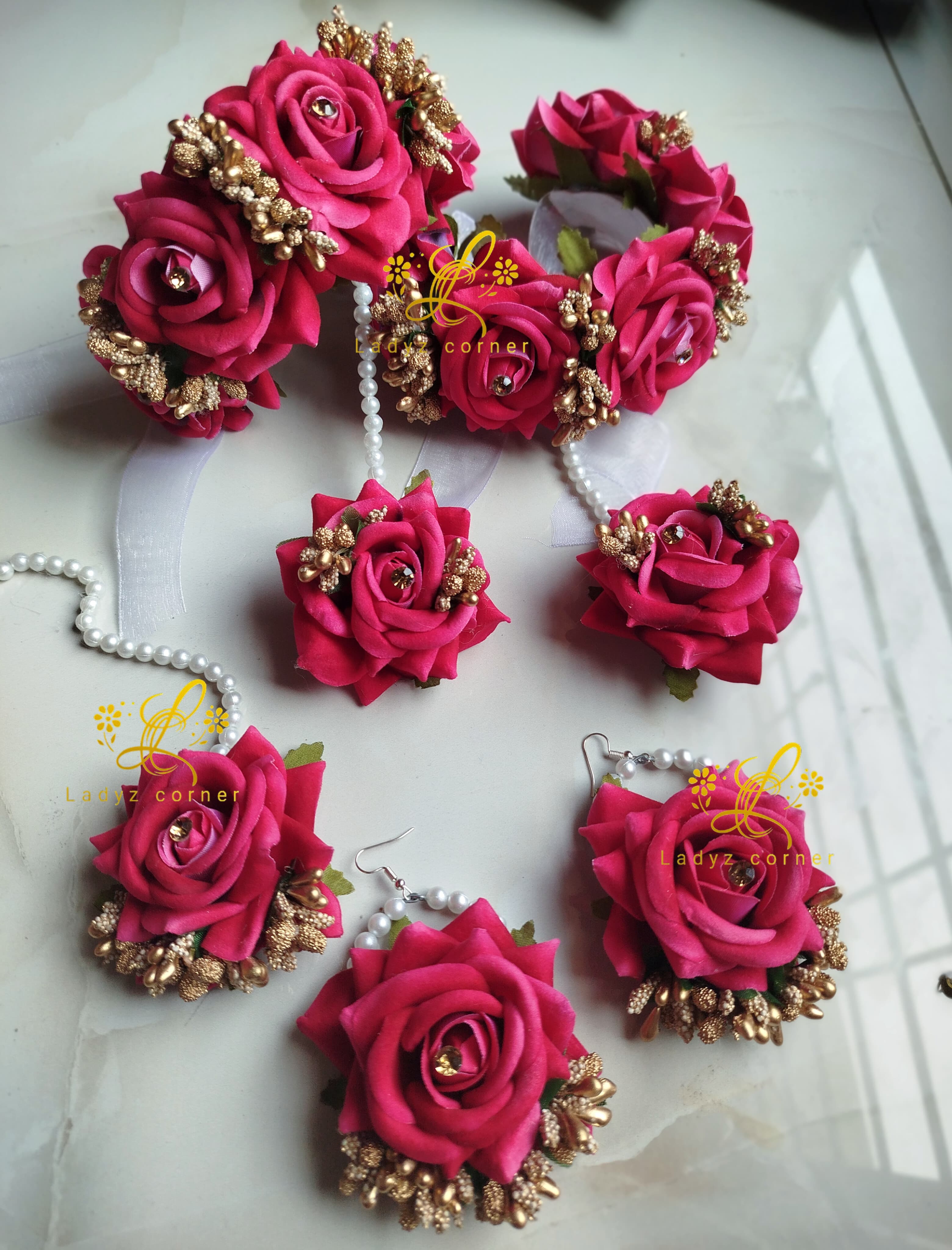 Dark Pink+Goldon Gajraset+ Velvet Rose Gajraset