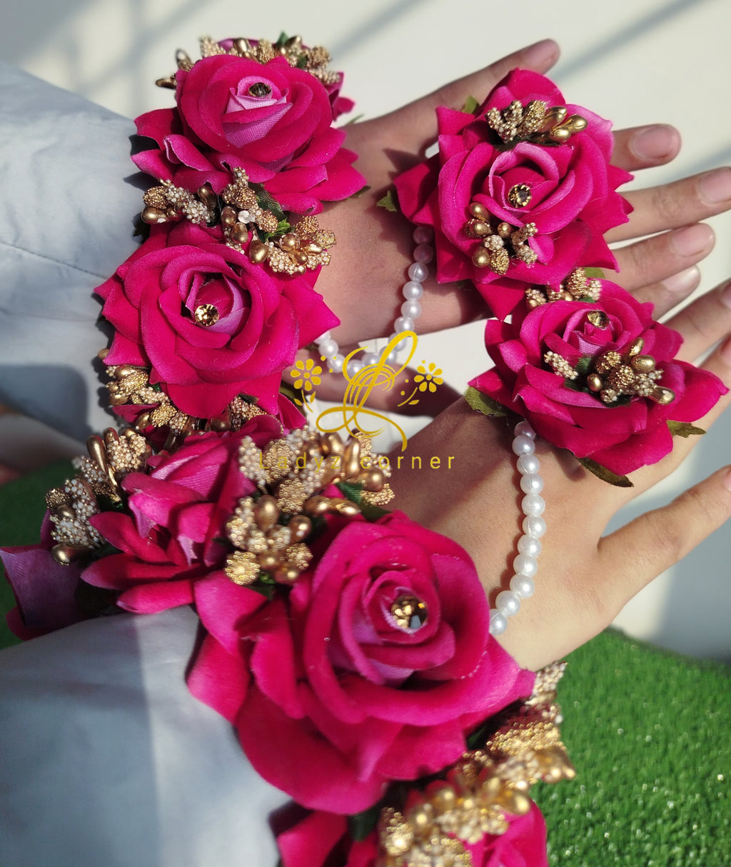 Dark Pink+Goldon Gajraset+ Velvet Rose Gajraset
