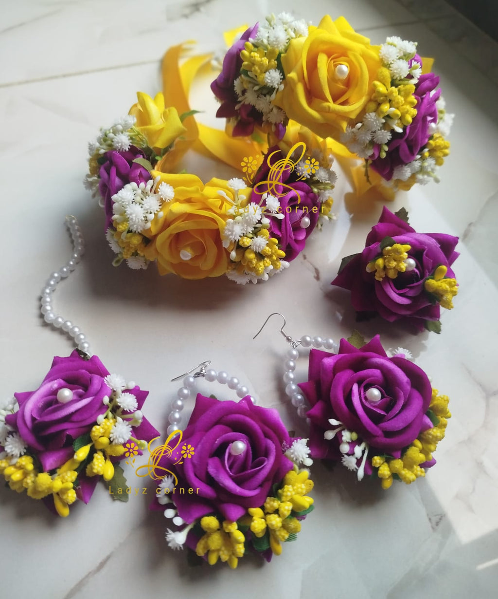 Yellow+Magenta Gajraset - Velvet Rose Gajraset