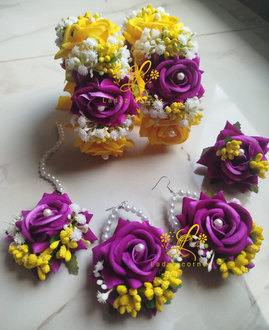 Yellow+Magenta Gajraset - Velvet Rose Gajraset
