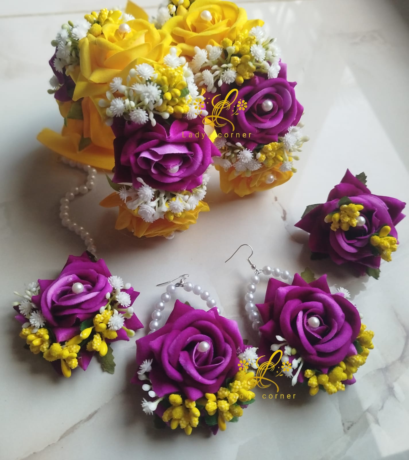 Yellow+Magenta Gajraset - Velvet Rose Gajraset