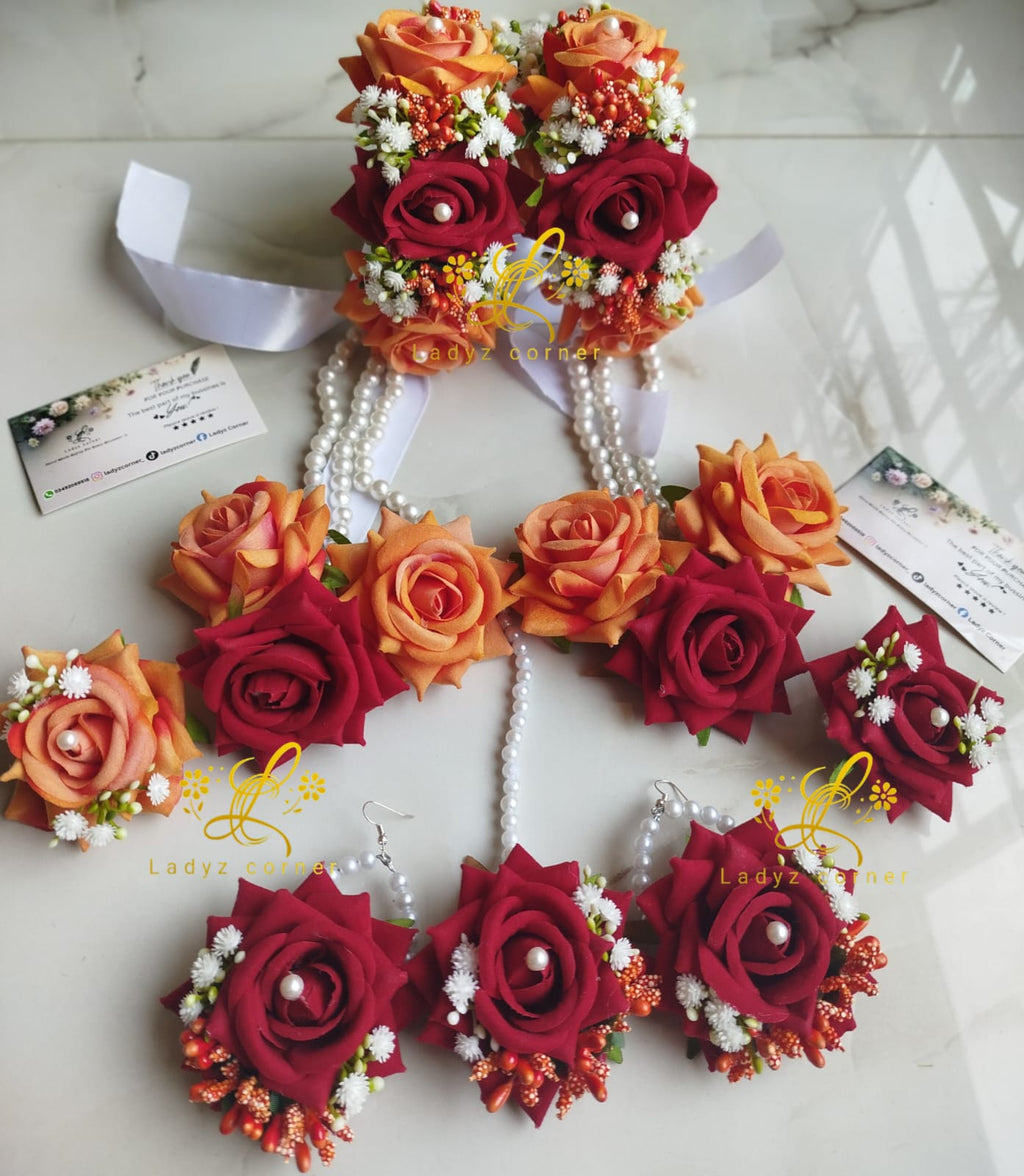 Orange+Redish Maroon gajraset - Velvet Rose Gajraset