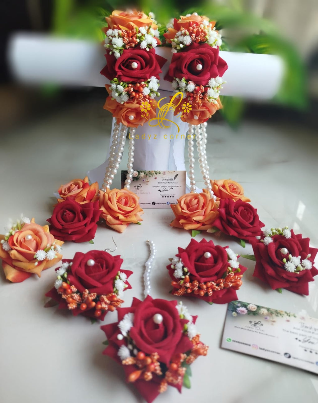 Orange+Redish Maroon gajraset - Velvet Rose Gajraset