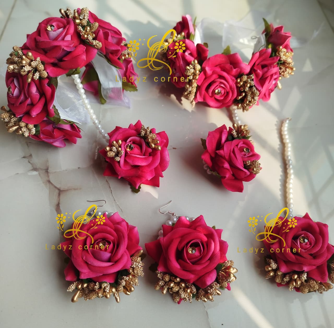 Dark Pink+Goldon Gajraset+ Velvet Rose Gajraset