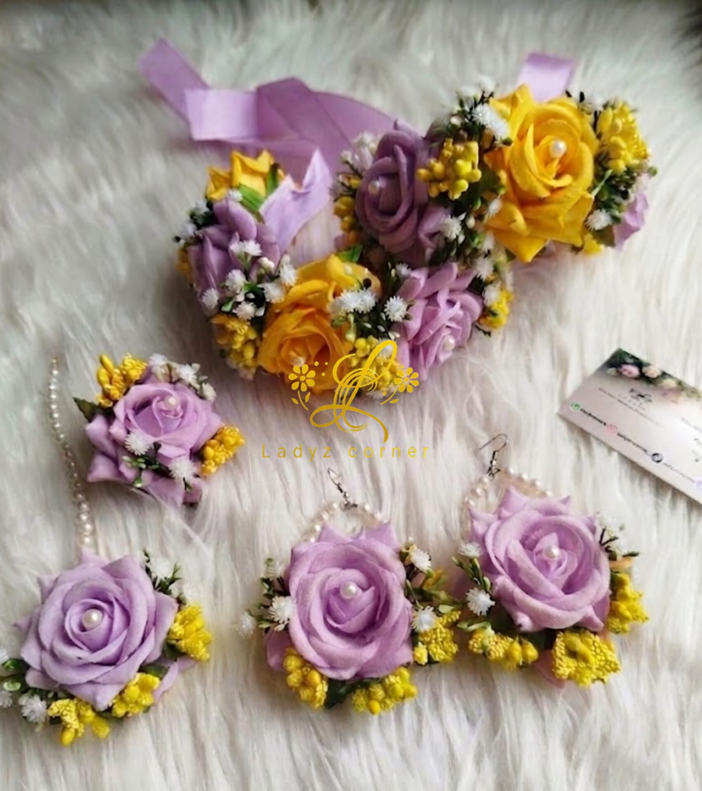 Velvet Gajraset - Lilac + Yellow Rose Flower Set