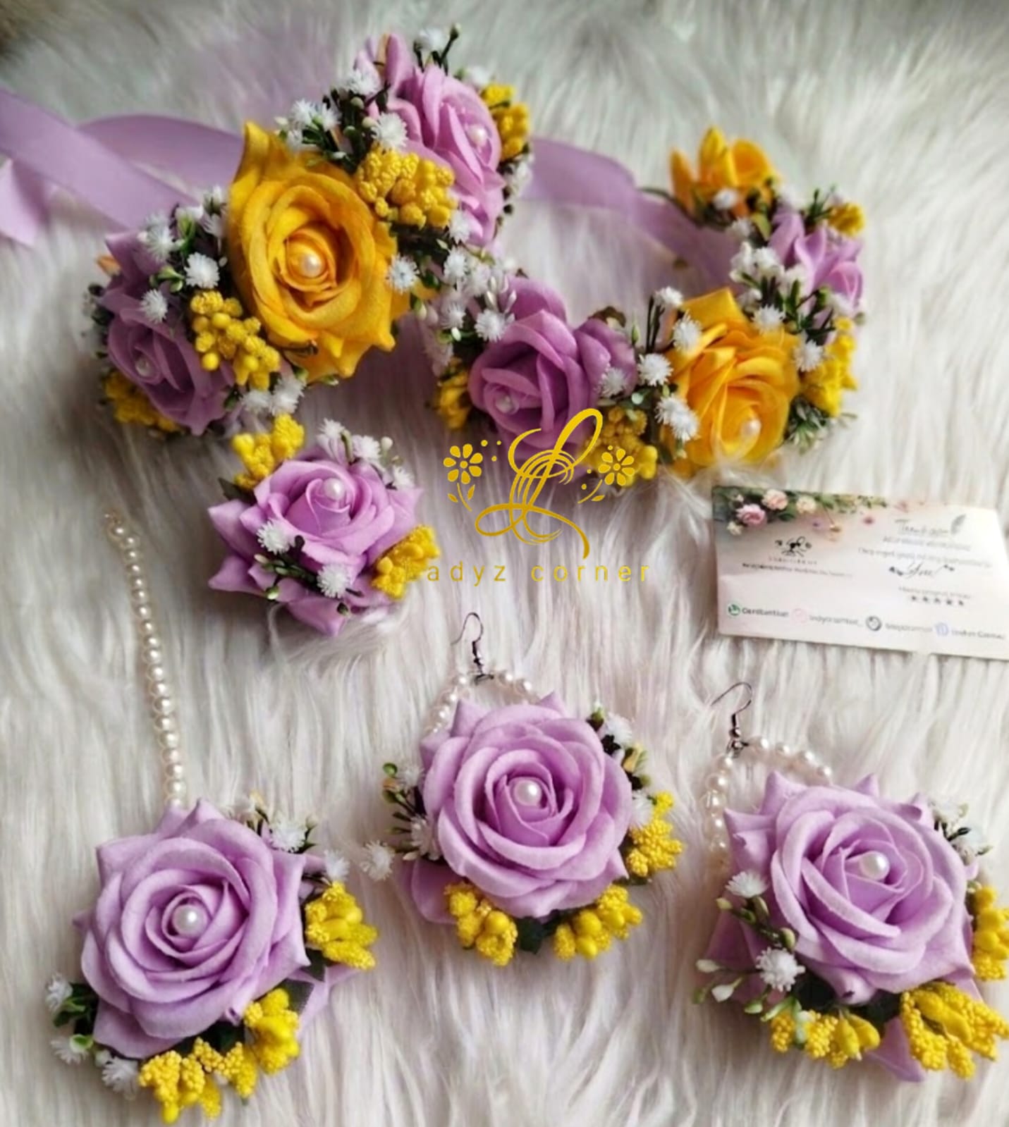 Velvet Gajraset - Lilac + Yellow Rose Flower Set