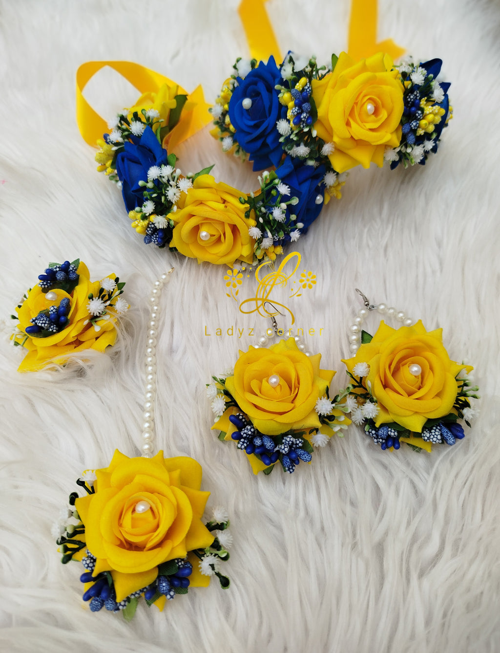 Miyo bridal Gajraset - Velvet Rose Gajraset - Yellow+Dark Blue Set