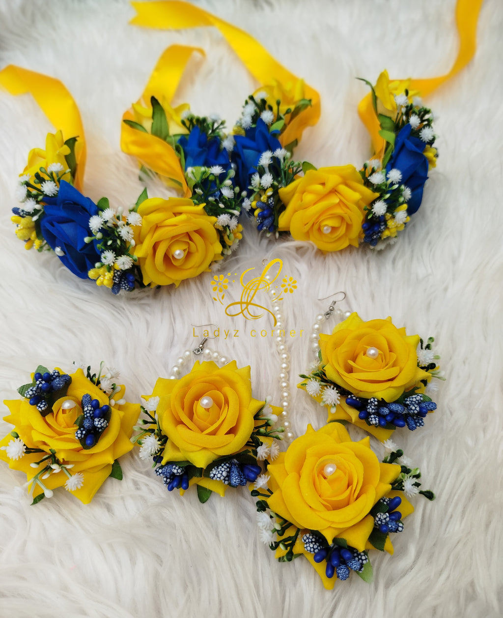 Miyo bridal Gajraset - Velvet Rose Gajraset - Yellow+Dark Blue Set