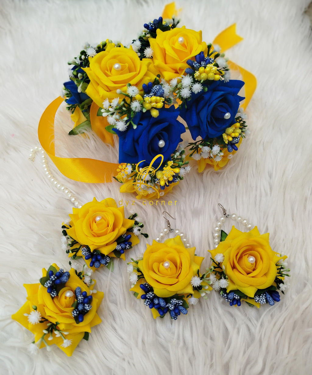 Miyo bridal Gajraset - Velvet Rose Gajraset - Yellow+Dark Blue Set