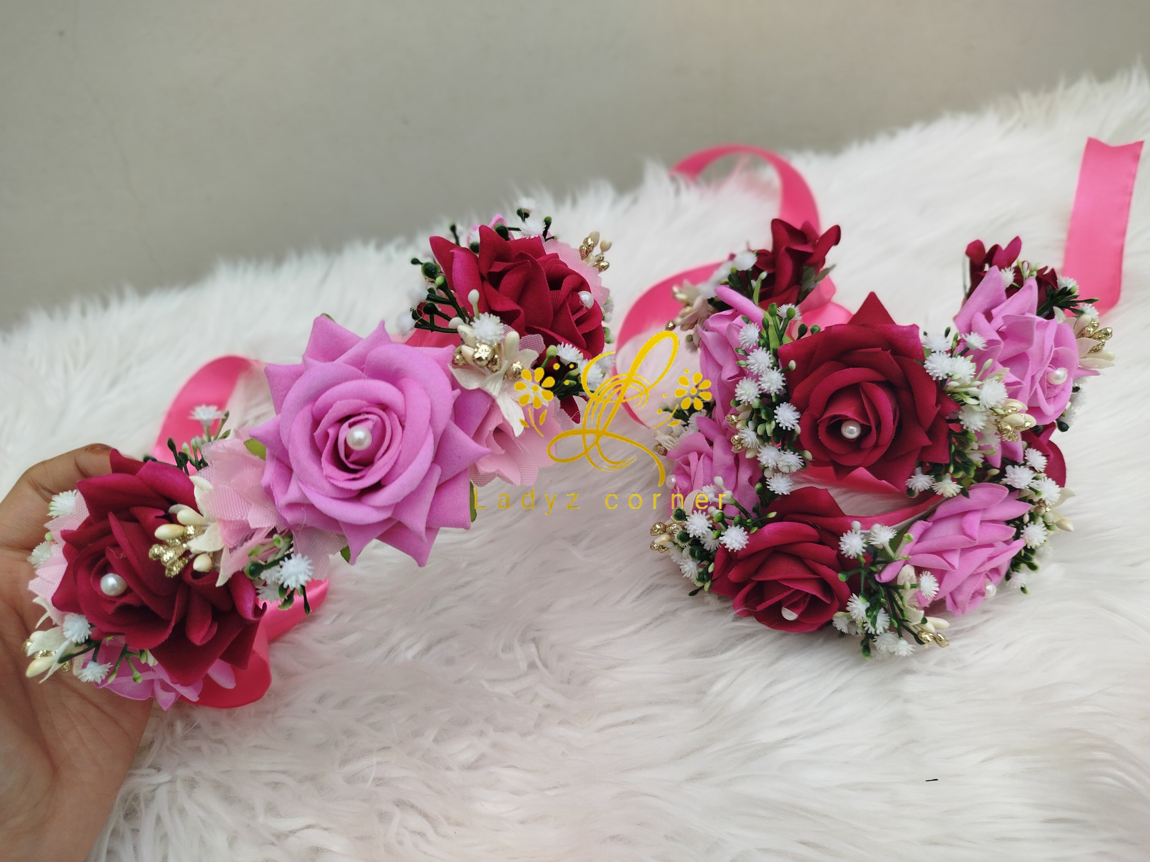 Pair Of Gajra+Crown - Velvet Rose Gajra - Crown - Bridal Shower Gajray+Crown