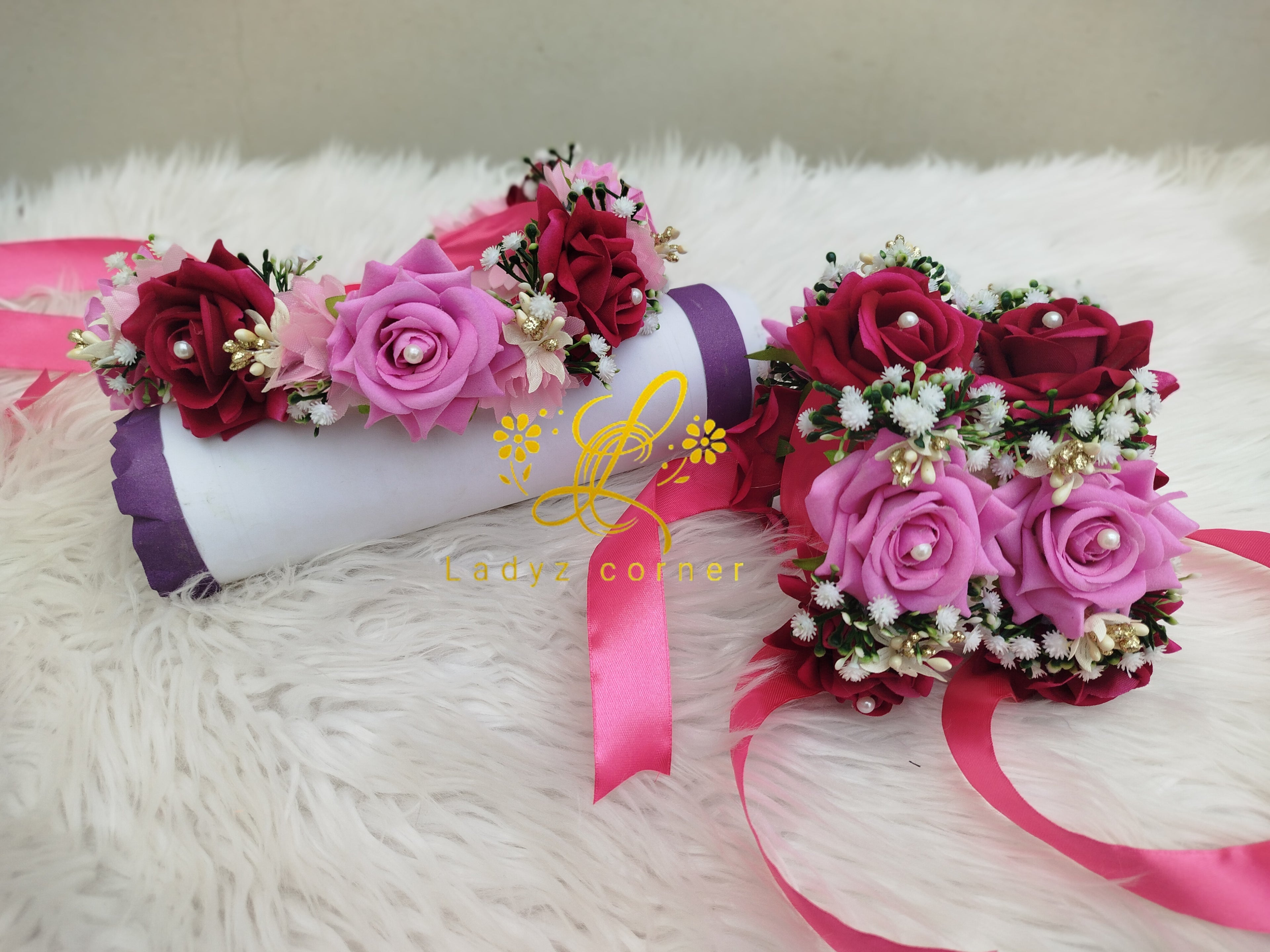 Pair Of Gajra+Crown - Velvet Rose Gajra - Crown - Bridal Shower Gajray+Crown
