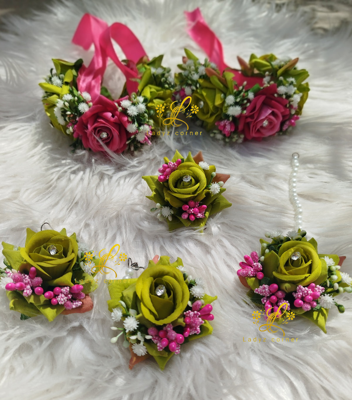 Mehndi Green + Pink Gajraset - Velvet Rose Gajraset - Bridal Gajray
