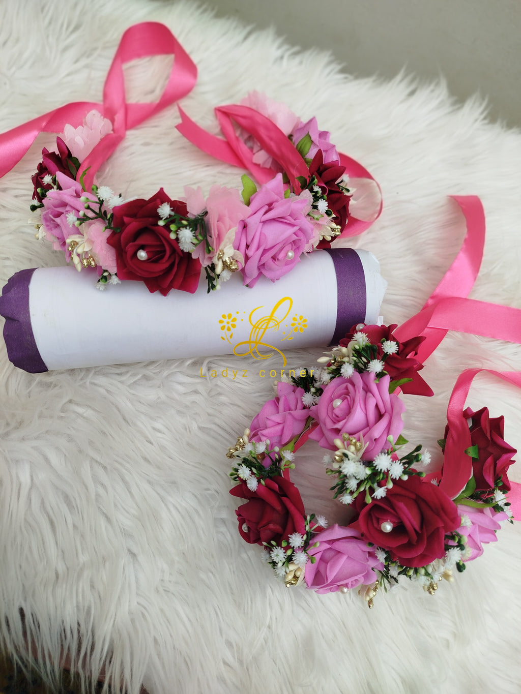Pair Of Gajra+Crown - Velvet Rose Gajra - Crown - Bridal Shower Gajray+Crown