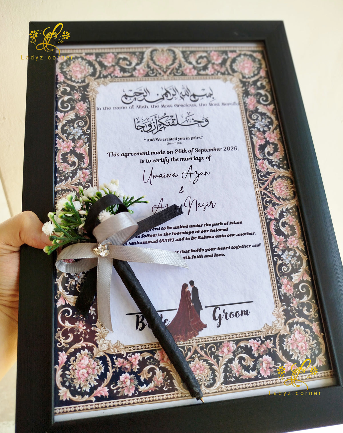 Nikkah Frame With Nikkah Pen - Black Theme Nikkah Frame